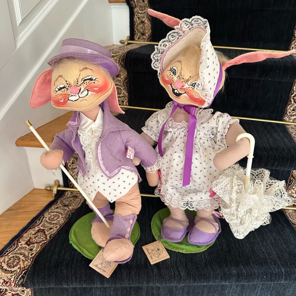 Charming Bunny Couple Figurines in Purple and White